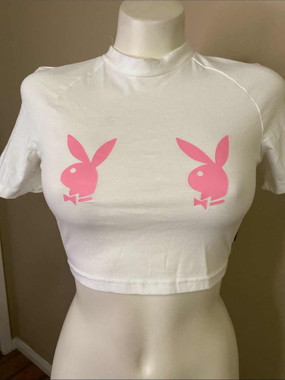 Playboy x Missguided pink bunny front white cropped baby tee XS